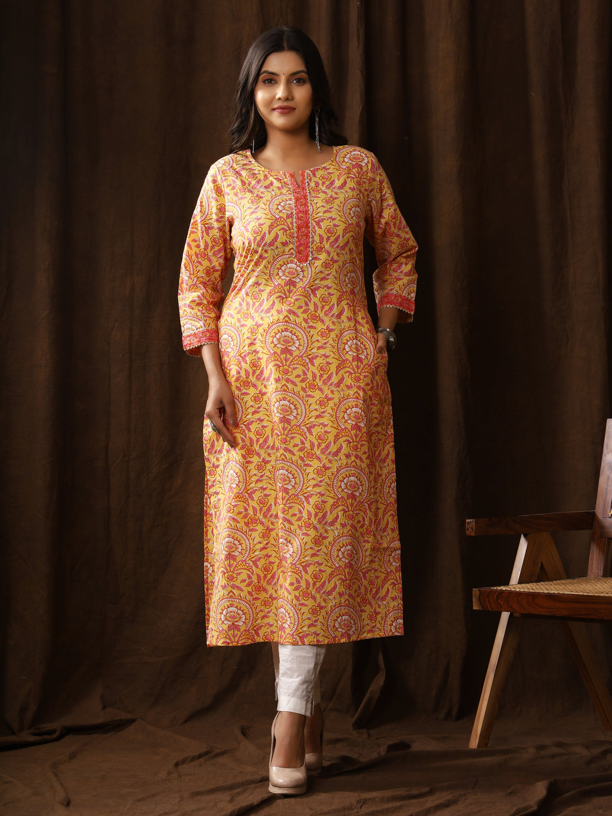 Sanganeri Floral Print Yellow Pink Cotton Kurti