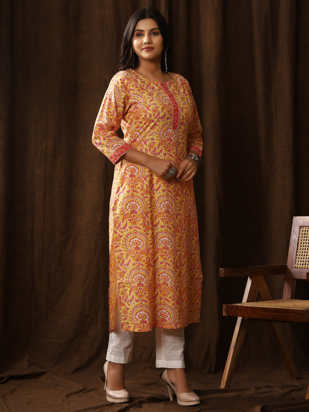Sanganeri Floral Print Yellow Pink Cotton Kurti