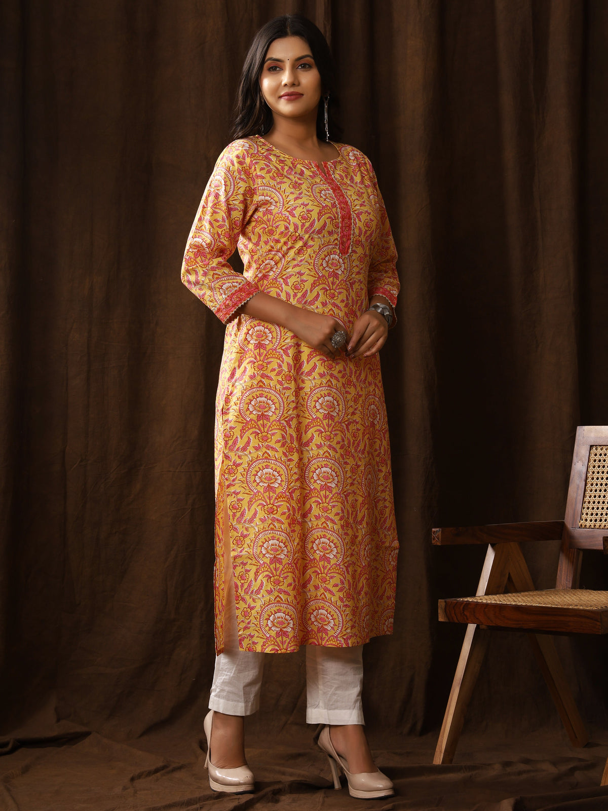 Sanganeri Floral Print Yellow Pink Cotton Kurti