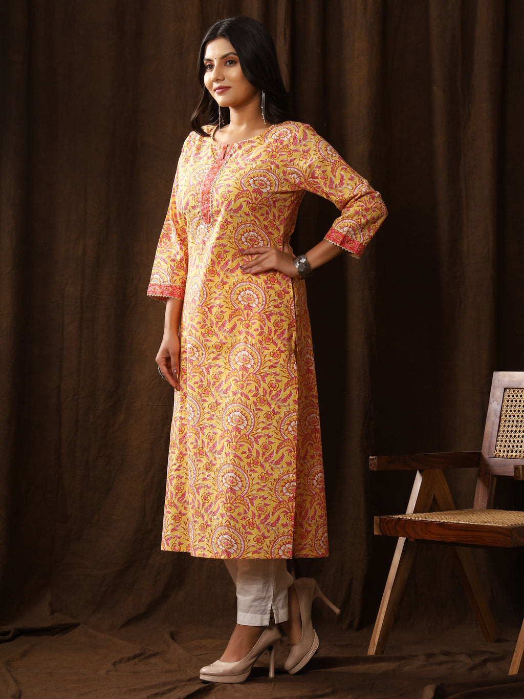 Sanganeri Floral Print Yellow Pink Cotton Kurti