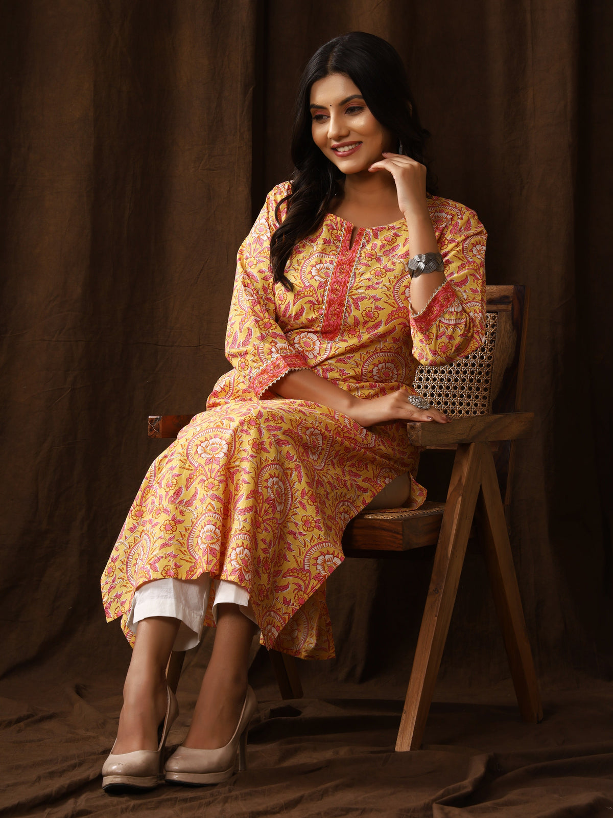 Sanganeri Floral Print Yellow Pink Cotton Kurti