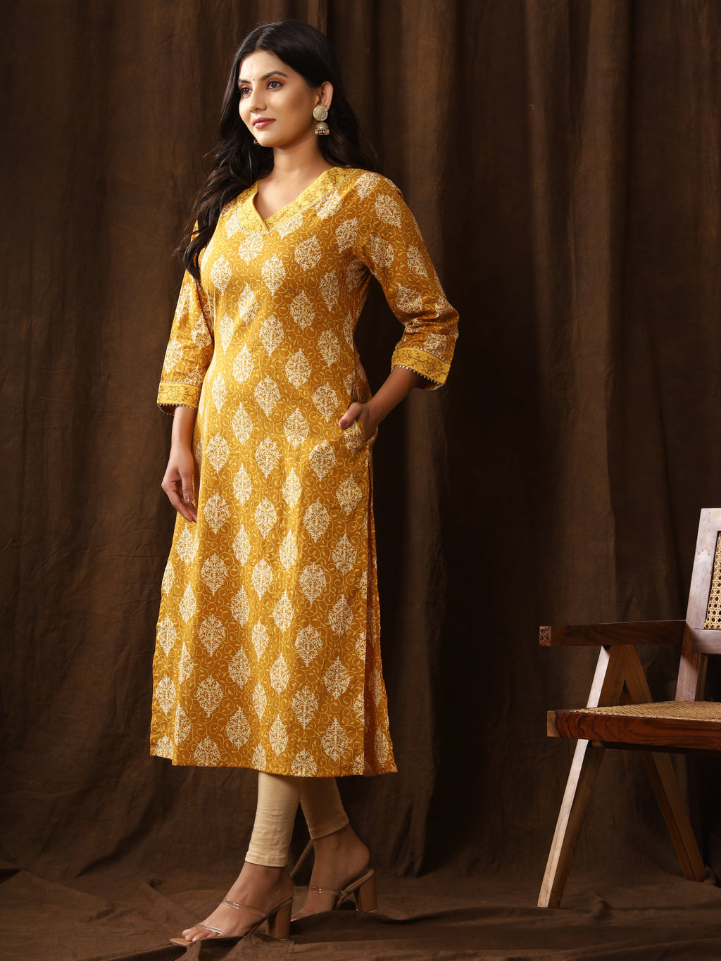 Sanganeri Block Buti Print Mustard Cotton Kurti
