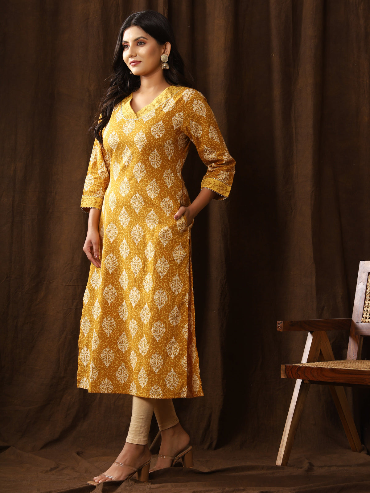 Sanganeri Block Buti Print Mustard Cotton Kurti
