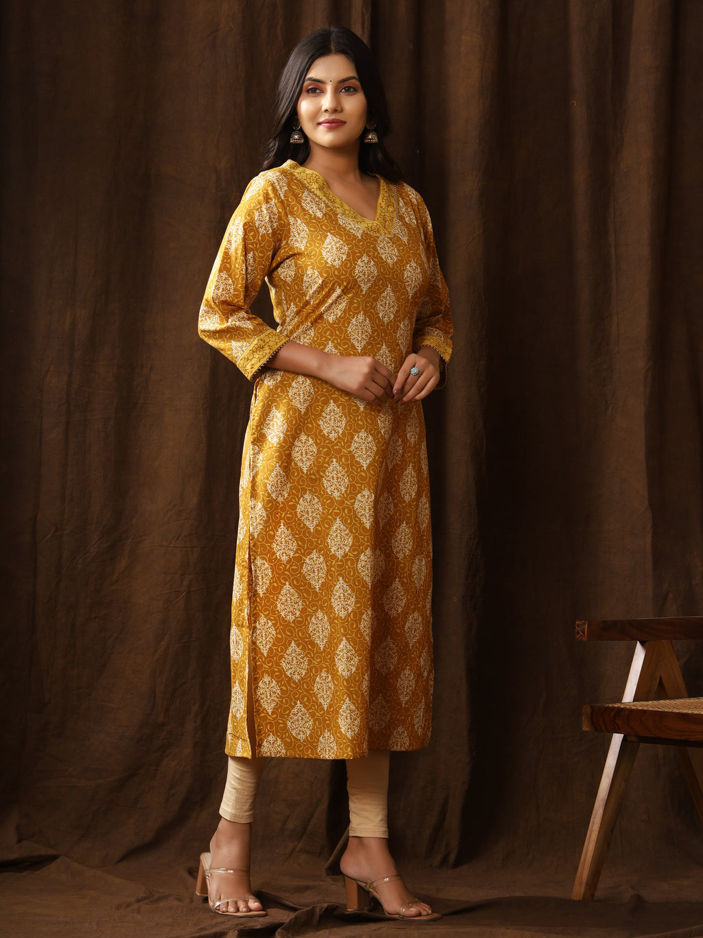 Sanganeri Block Buti Print Mustard Cotton Kurti