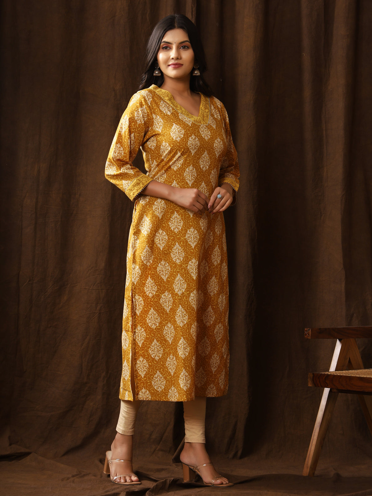 Sanganeri Block Buti Print Mustard Cotton Kurti