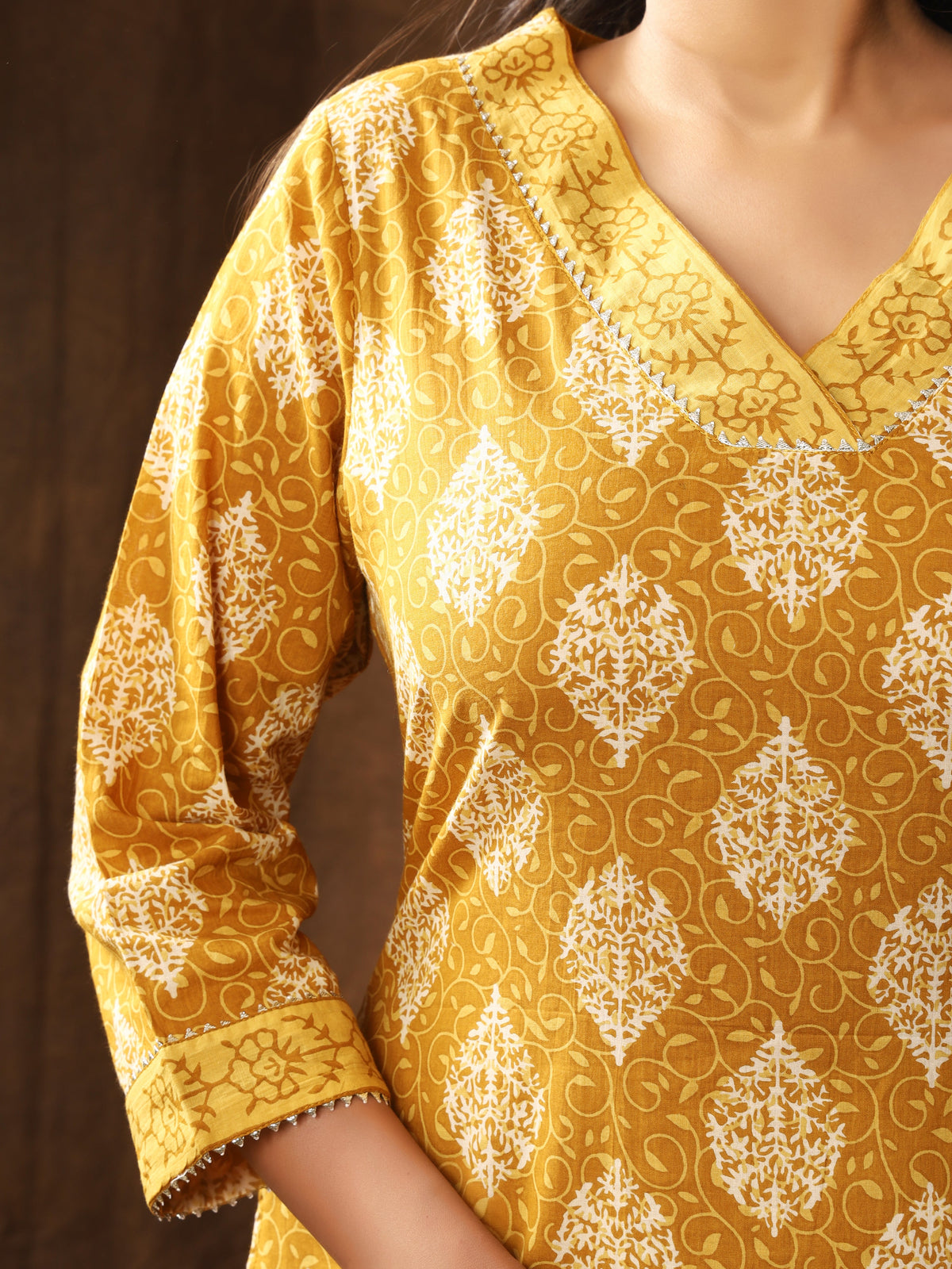 Sanganeri Block Buti Print Mustard Cotton Kurti