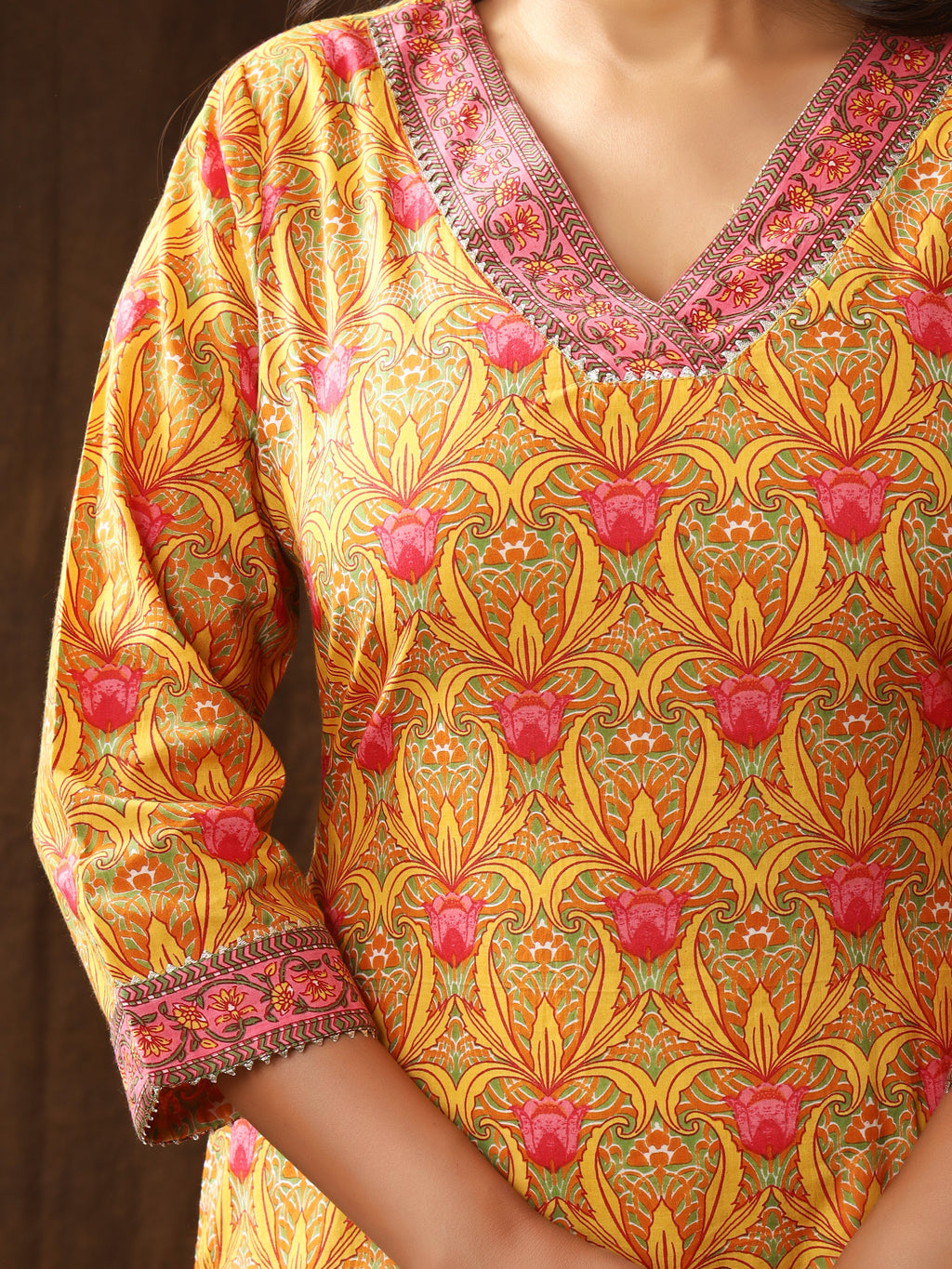 Sanganeri Gulbahar Floral Print Yellow Cotton Kurti