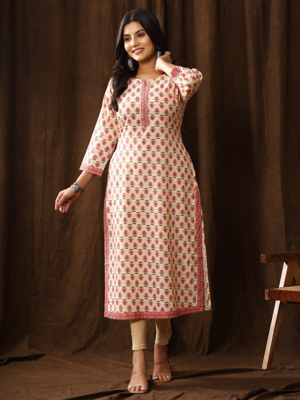 Sanganeri Gulmohar Buti Print Light Yellow Cotton Kurti