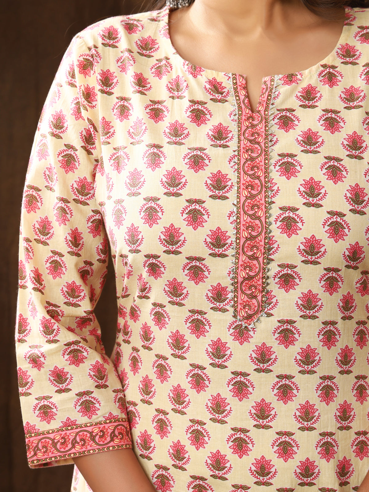 Sanganeri Gulmohar Buti Print Light Yellow Cotton Kurti