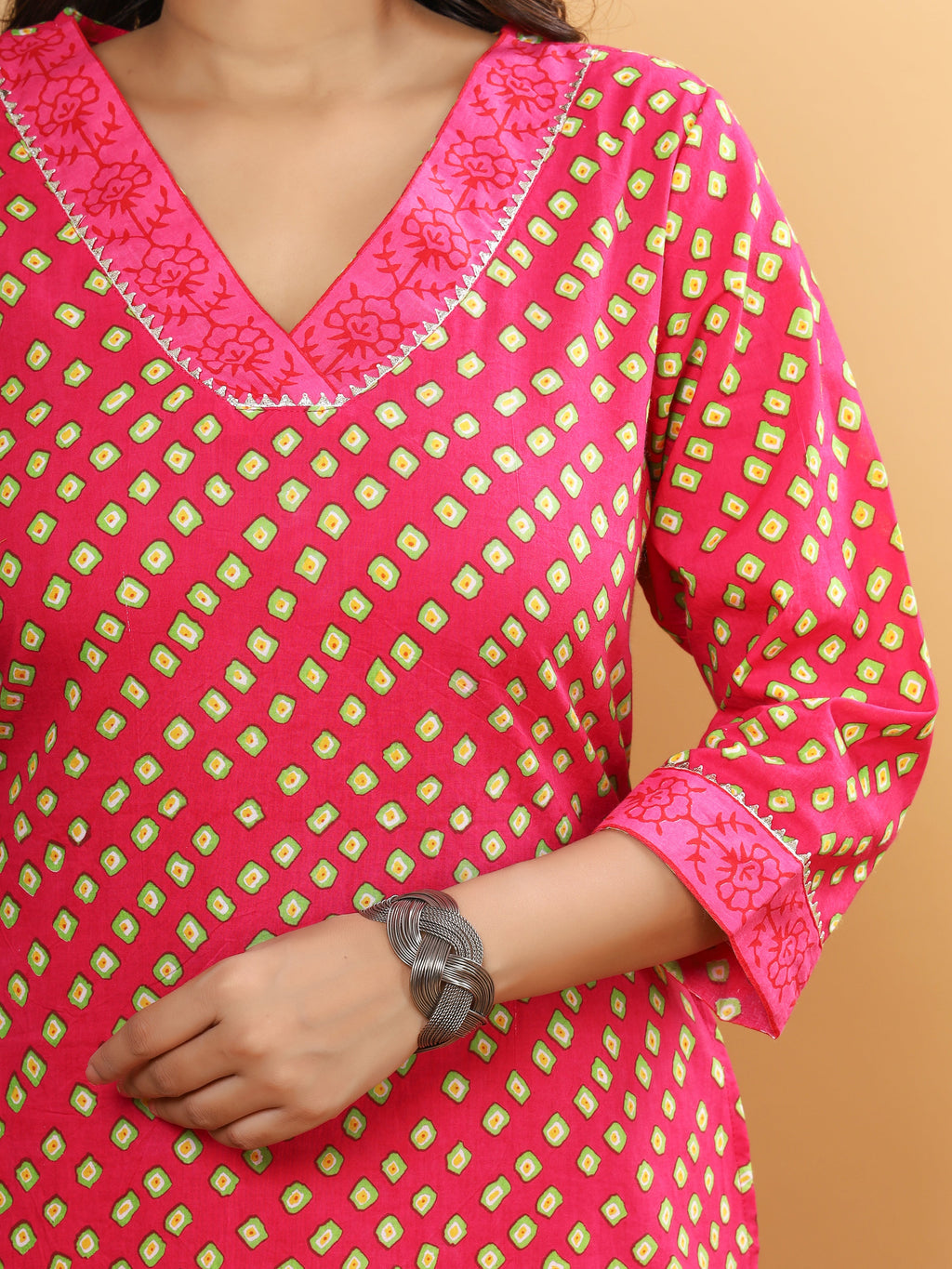 Sanganeri Bhandej Box Print Pink Cotton Kurti