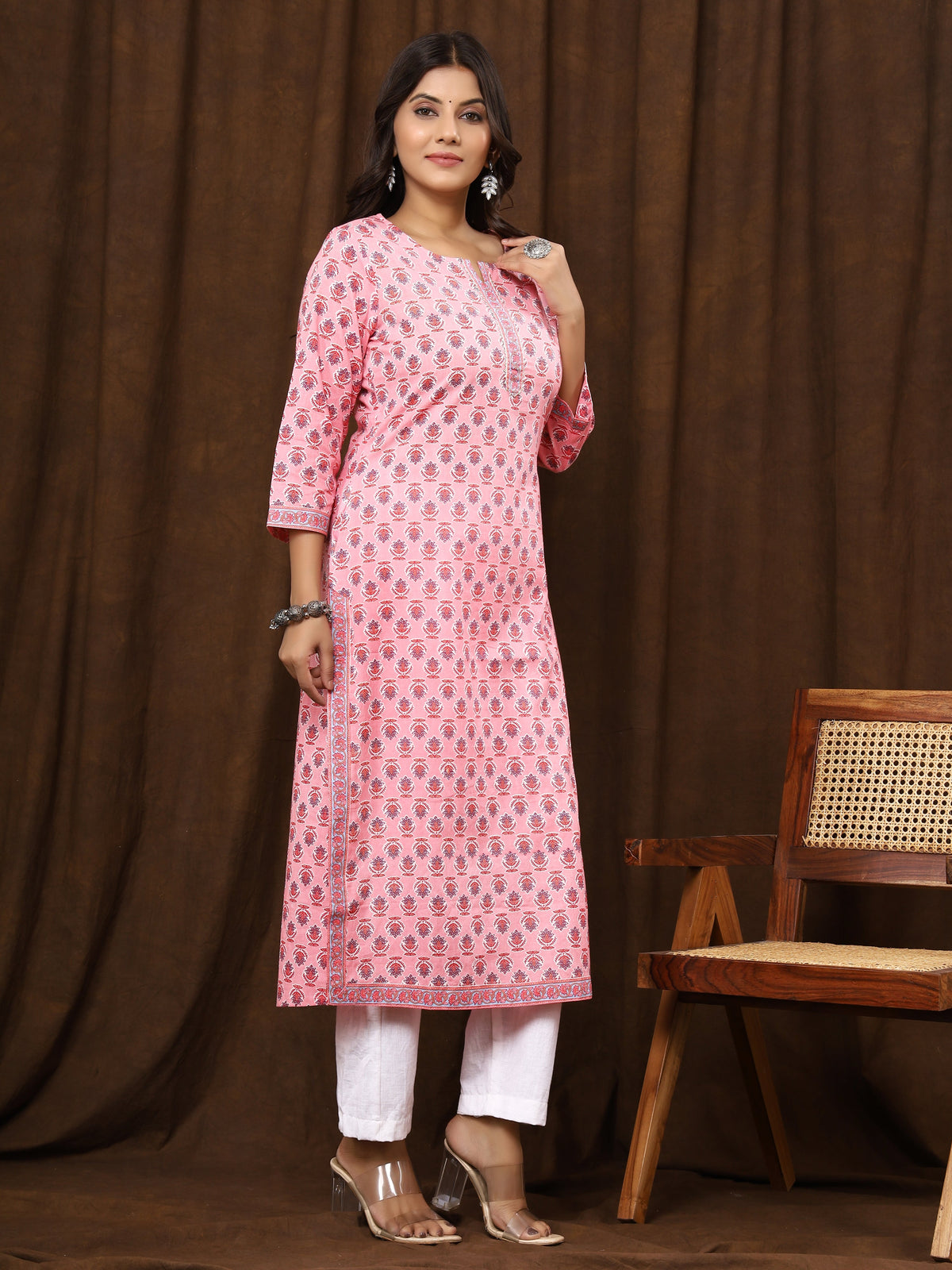 Sanganeri Buti Print Pink Cotton Kurti