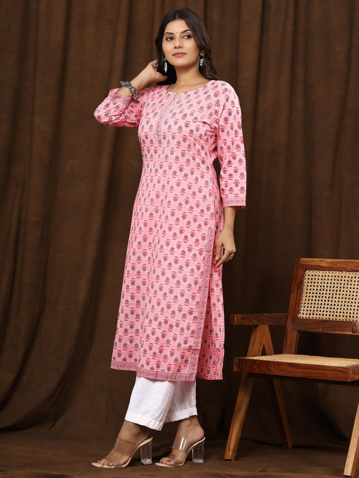Sanganeri Buti Print Pink Cotton Kurti