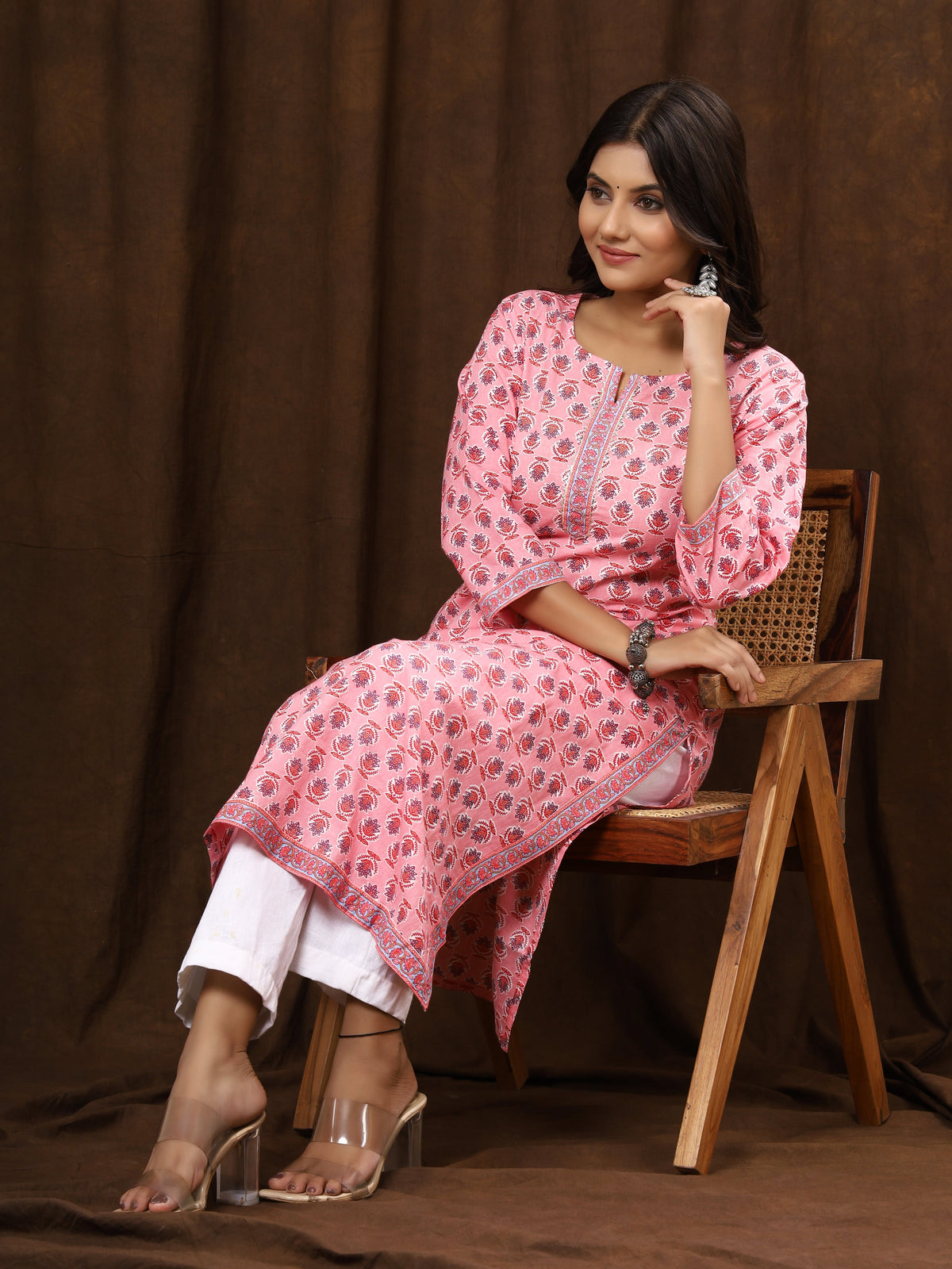 Sanganeri Buti Print Pink Cotton Kurti