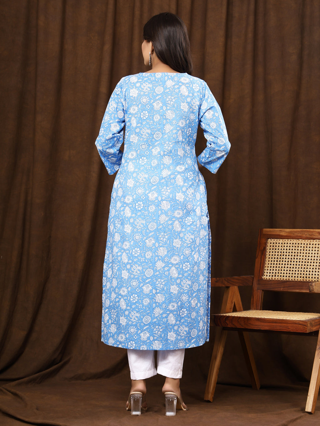 Sanganeri Floral Print Blue Cotton Kurti