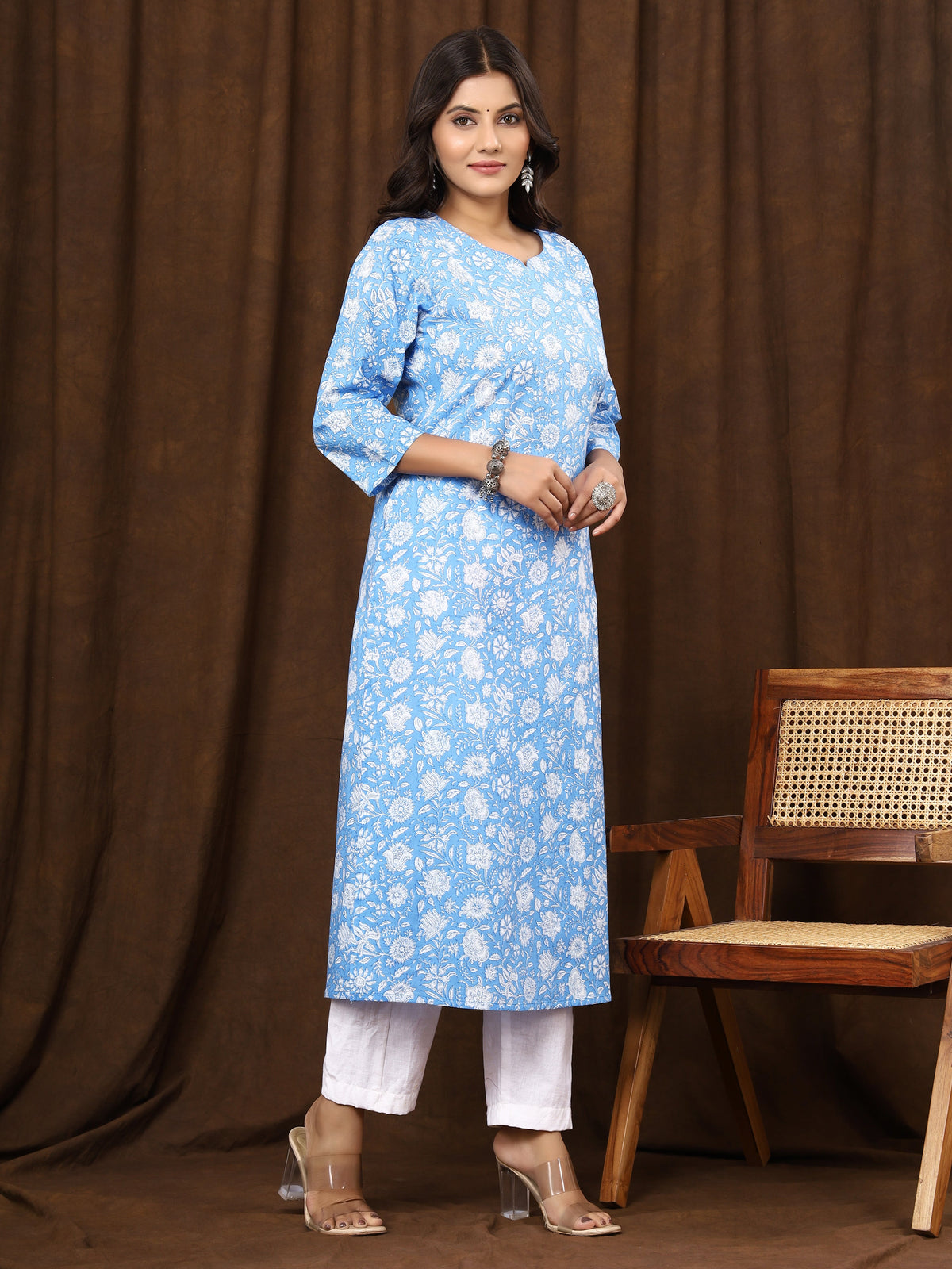 Sanganeri Floral Print Blue Cotton Kurti