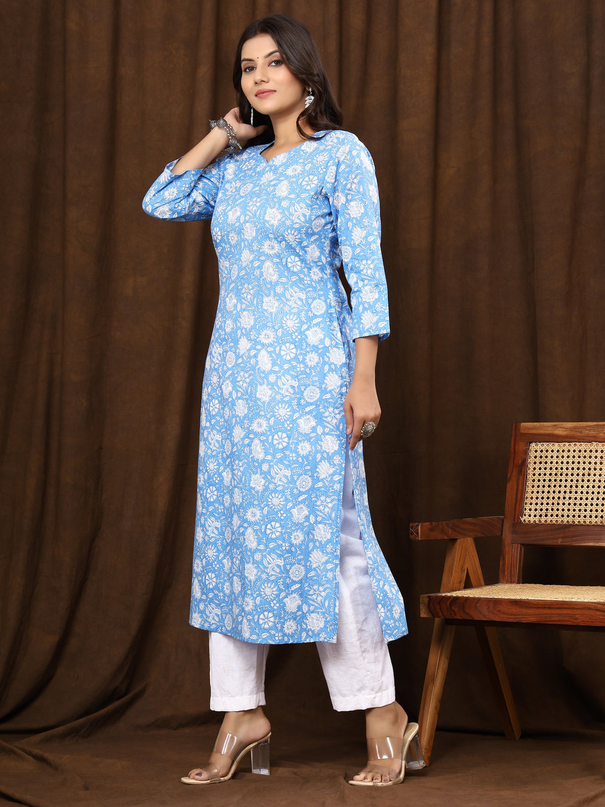 Sanganeri Floral Print Blue Cotton Kurti