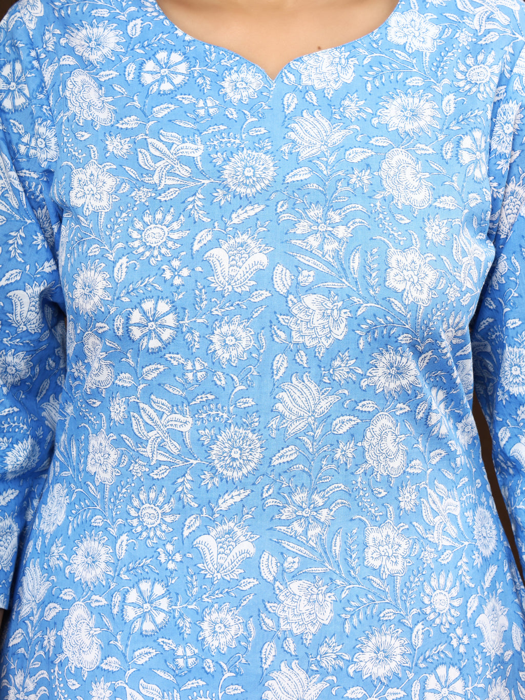 Sanganeri Floral Print Blue Cotton Kurti