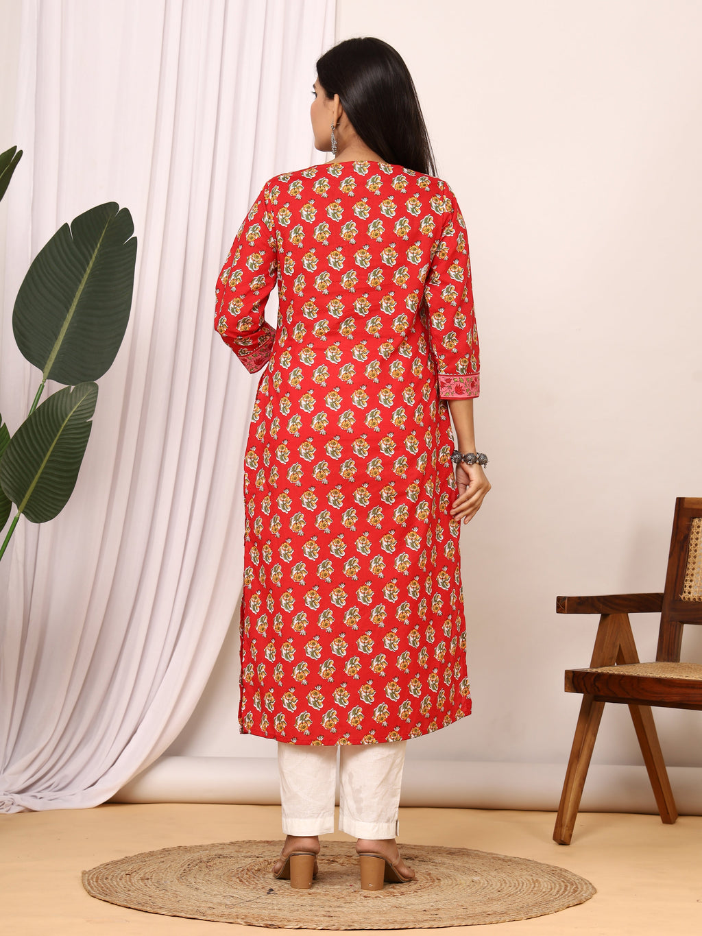 Sanganeri Flower Buti Print Red Cotton Kurti
