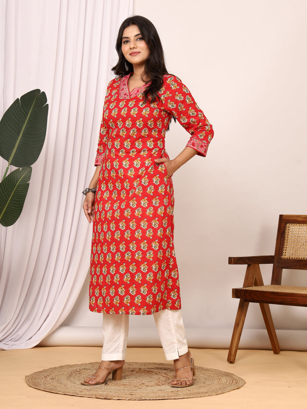 Sanganeri Flower Buti Print Red Cotton Kurti
