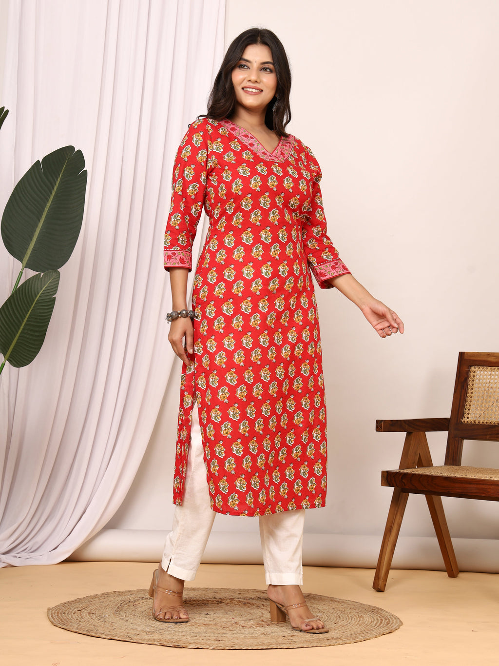 Sanganeri Flower Buti Print Red Cotton Kurti