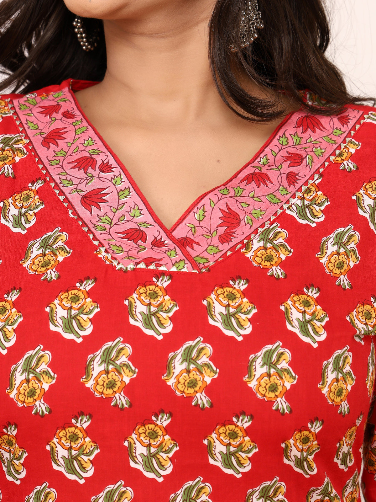 Sanganeri Flower Buti Print Red Cotton Kurti