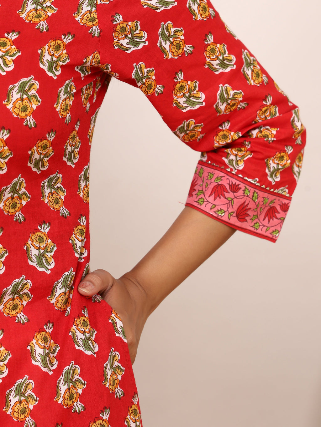 Sanganeri Flower Buti Print Red Cotton Kurti