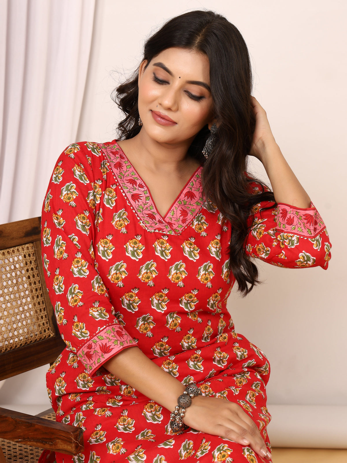 Sanganeri Flower Buti Print Red Cotton Kurti
