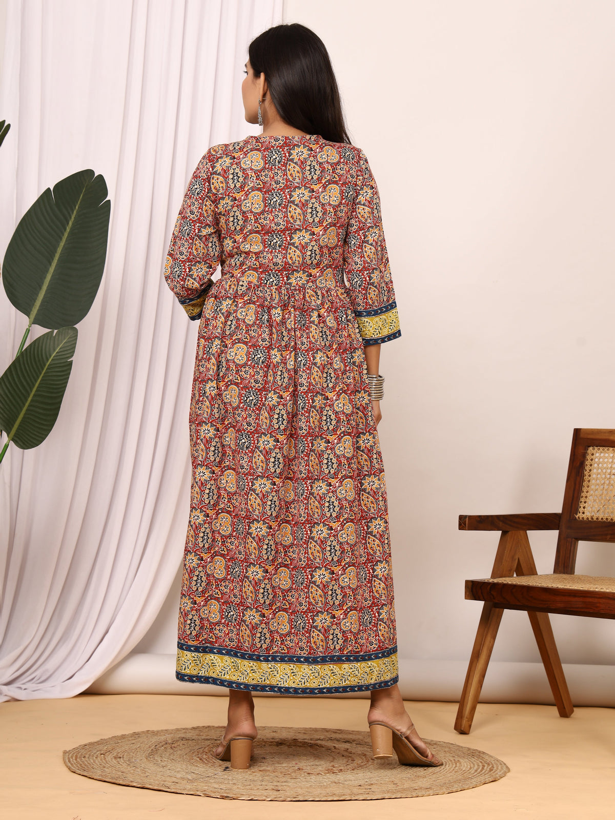 Sanganeri Ajrakh Printed Cotton Anarkali Dress with Short V-Open Neckline