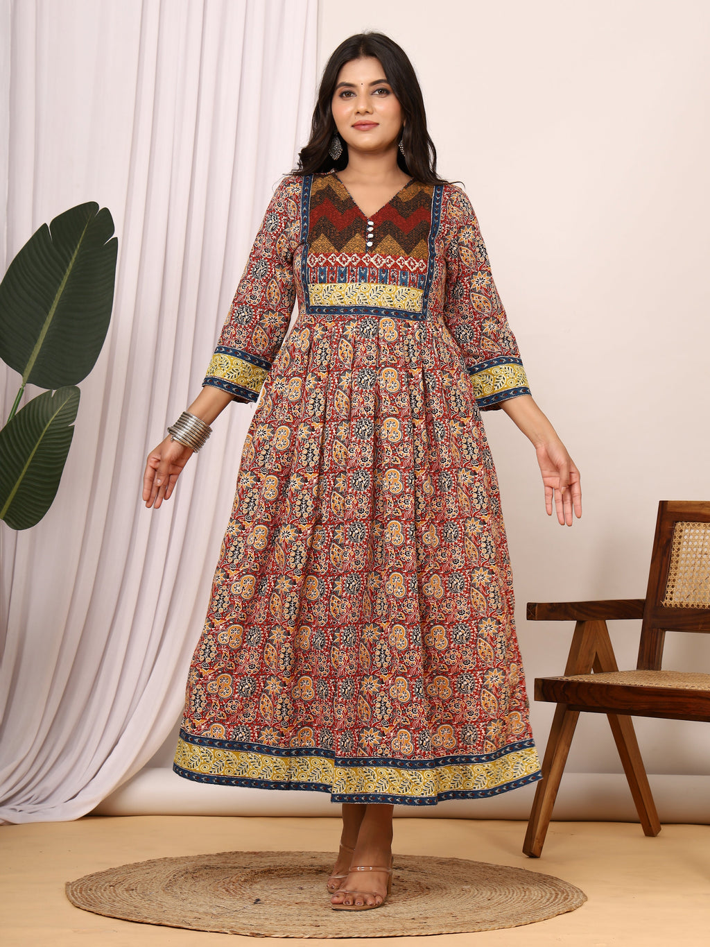 Sanganeri Ajrakh Printed Cotton Anarkali Dress with Short V-Open Neckline