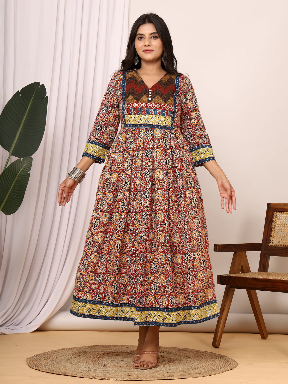 Sanganeri Ajrakh Printed Cotton Anarkali Dress with Short V-Open Neckline