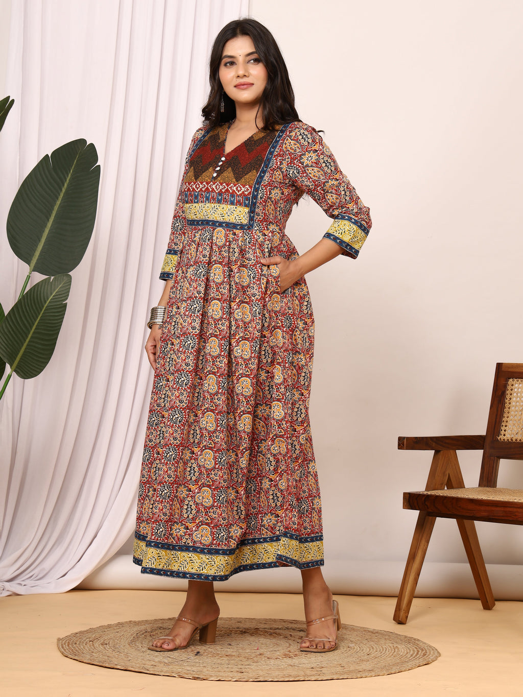 Sanganeri Ajrakh Printed Cotton Anarkali Dress with Short V-Open Neckline