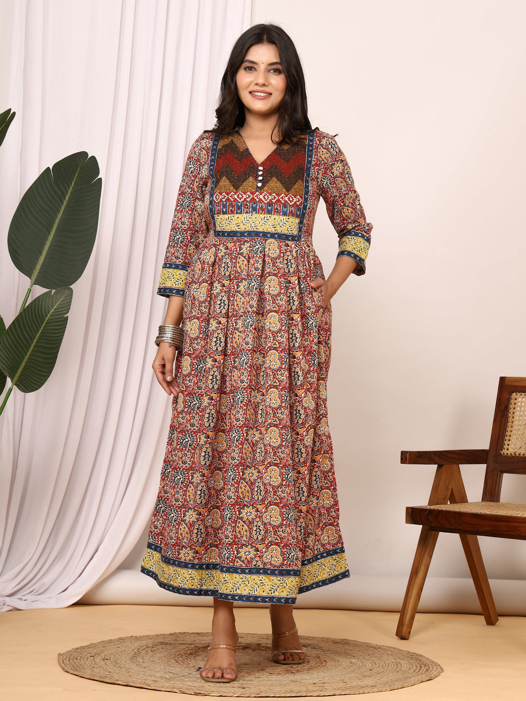 Sanganeri Ajrakh Printed Cotton Anarkali Dress with Short V-Open Neckline