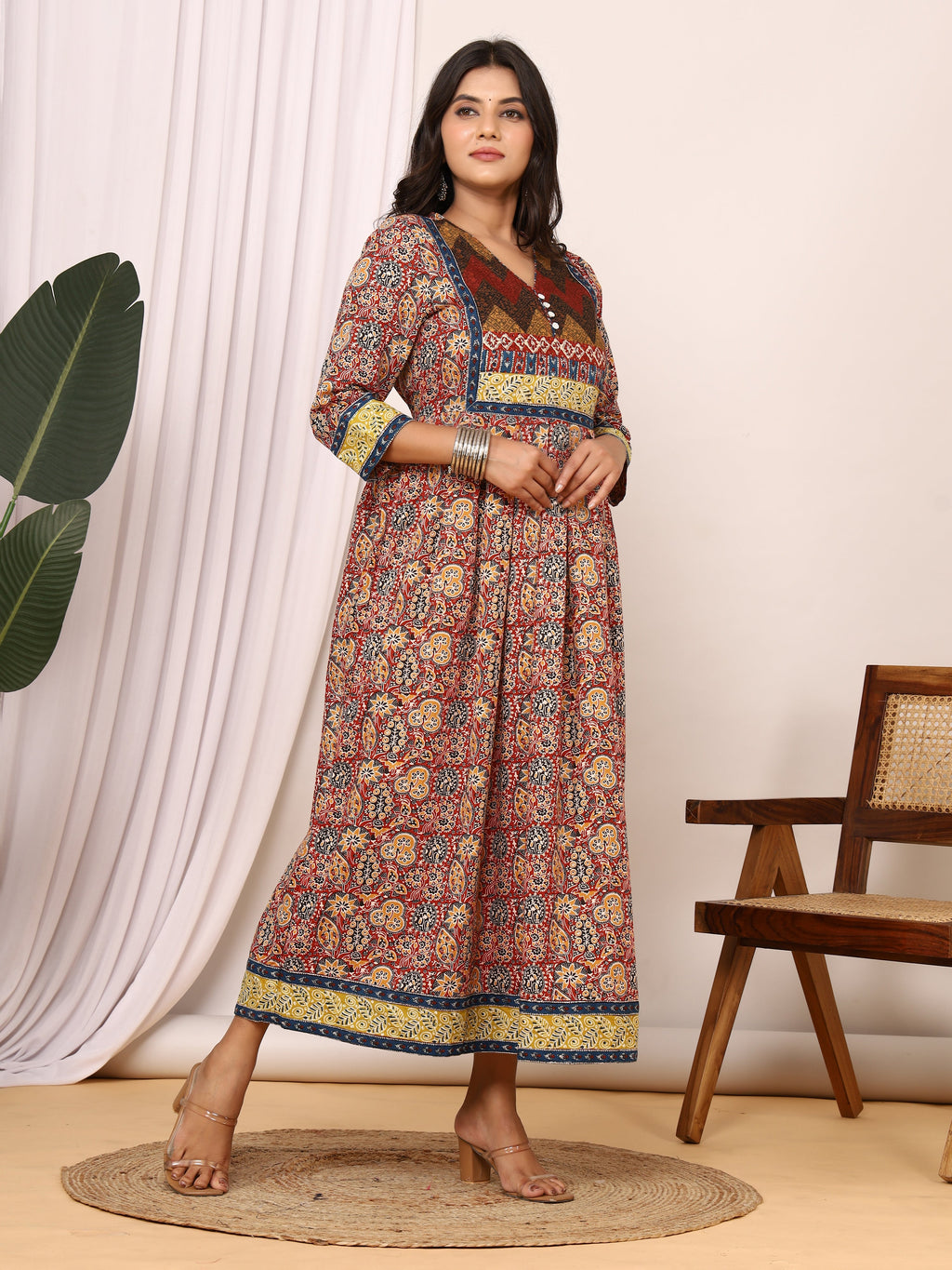 Sanganeri Ajrakh Printed Cotton Anarkali Dress with Short V-Open Neckline