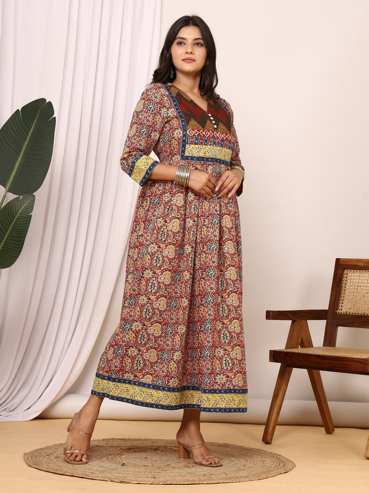 Sanganeri Ajrakh Printed Cotton Anarkali Dress with Short V-Open Neckline