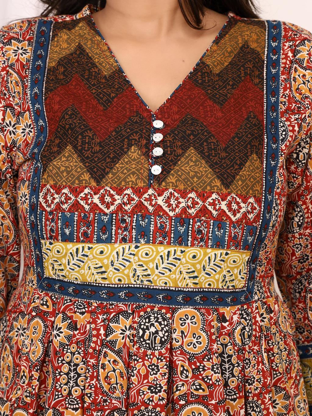 Sanganeri Ajrakh Printed Cotton Anarkali Dress with Short V-Open Neckline