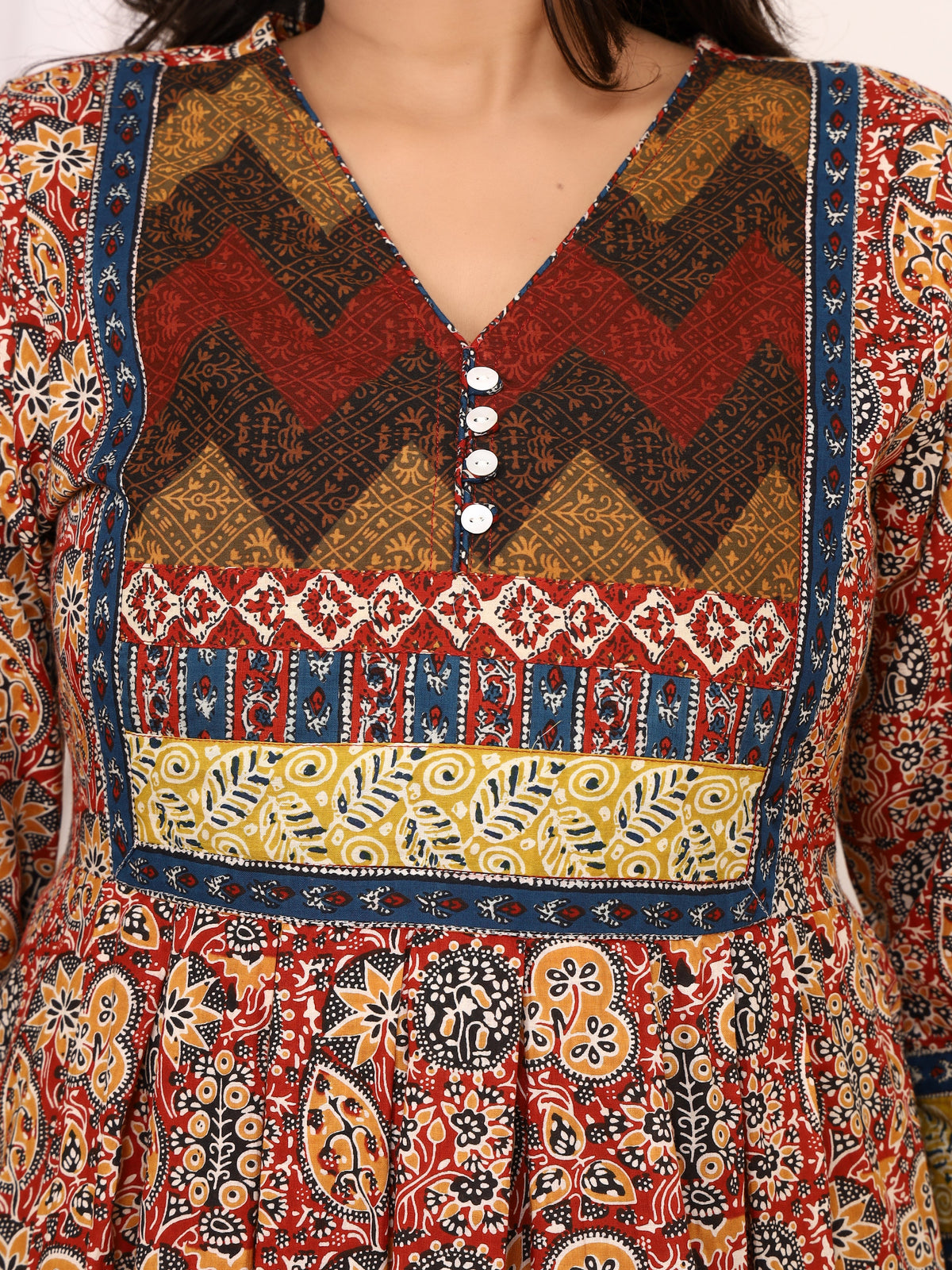 Sanganeri Ajrakh Printed Cotton Anarkali Dress with Short V-Open Neckline