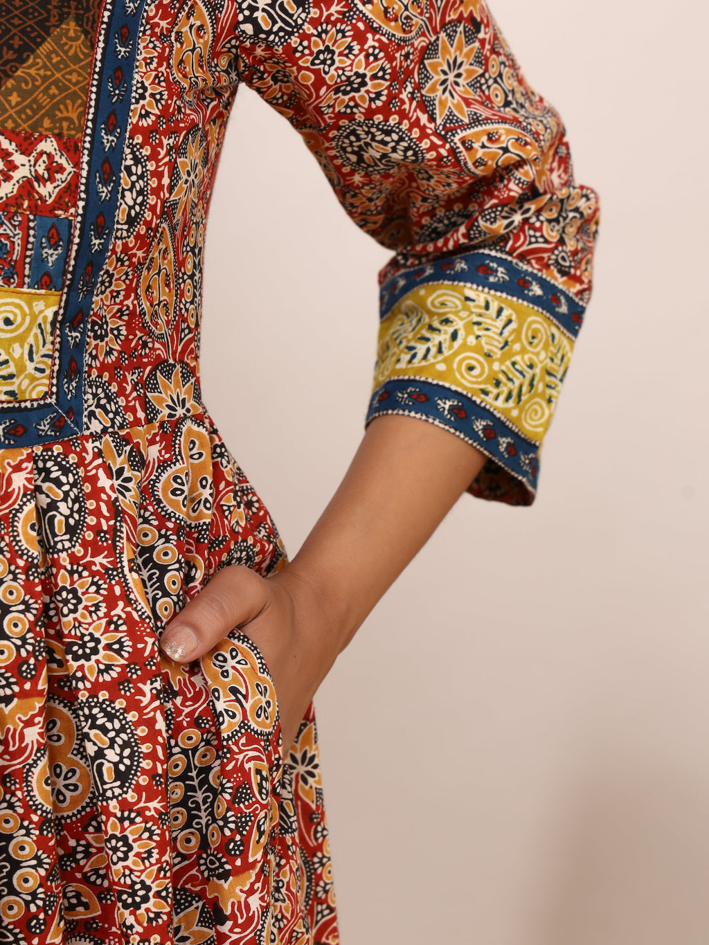 Sanganeri Ajrakh Printed Cotton Anarkali Dress with Short V-Open Neckline