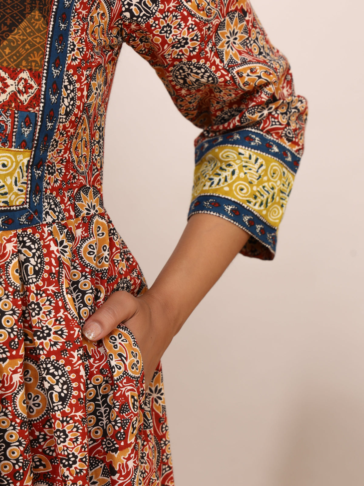 Sanganeri Ajrakh Printed Cotton Anarkali Dress with Short V-Open Neckline