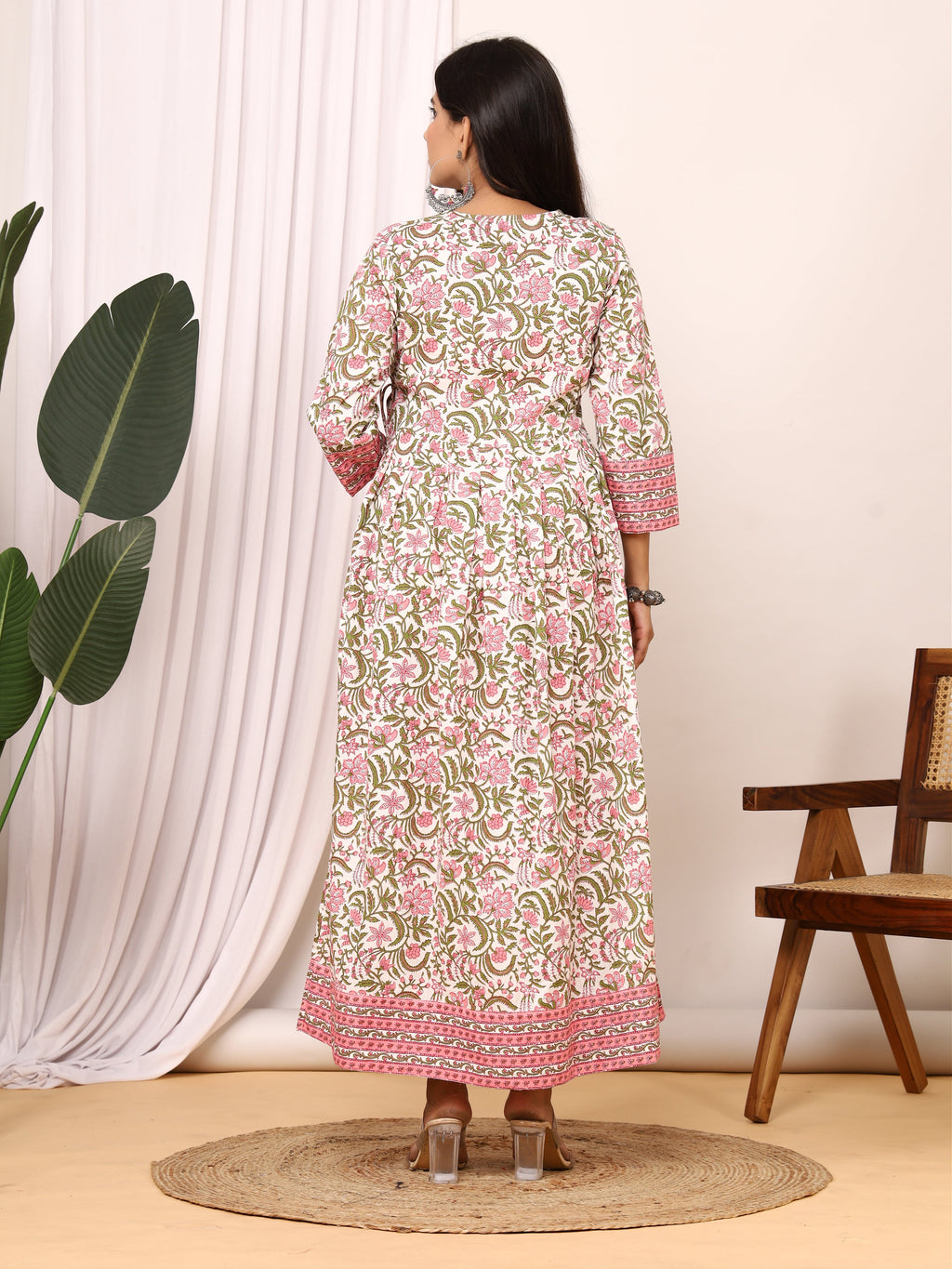Sanganer Floral Printed Angrakha Cotton Dress with Adjustable Belt