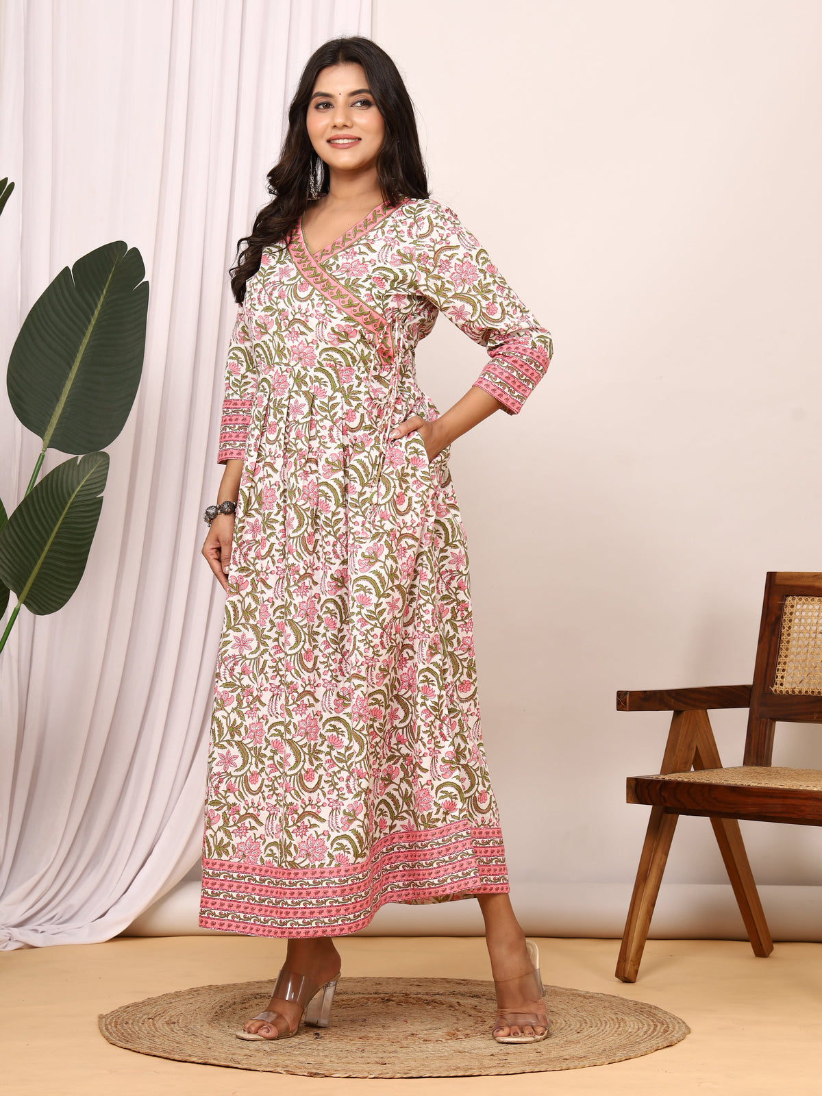 Sanganer Floral Printed Angrakha Cotton Dress with Adjustable Belt