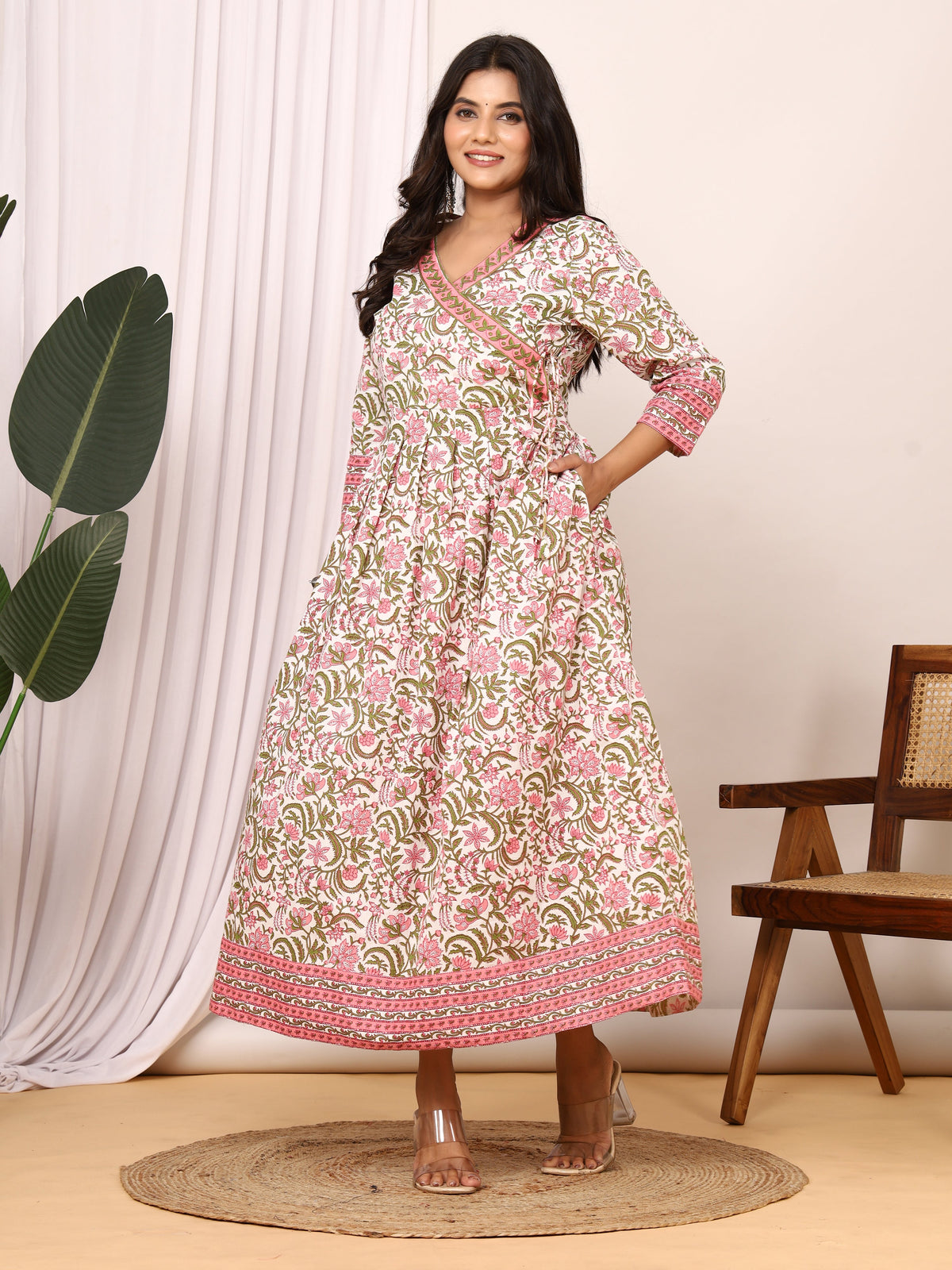 Sanganer Floral Printed Angrakha Cotton Dress with Adjustable Belt