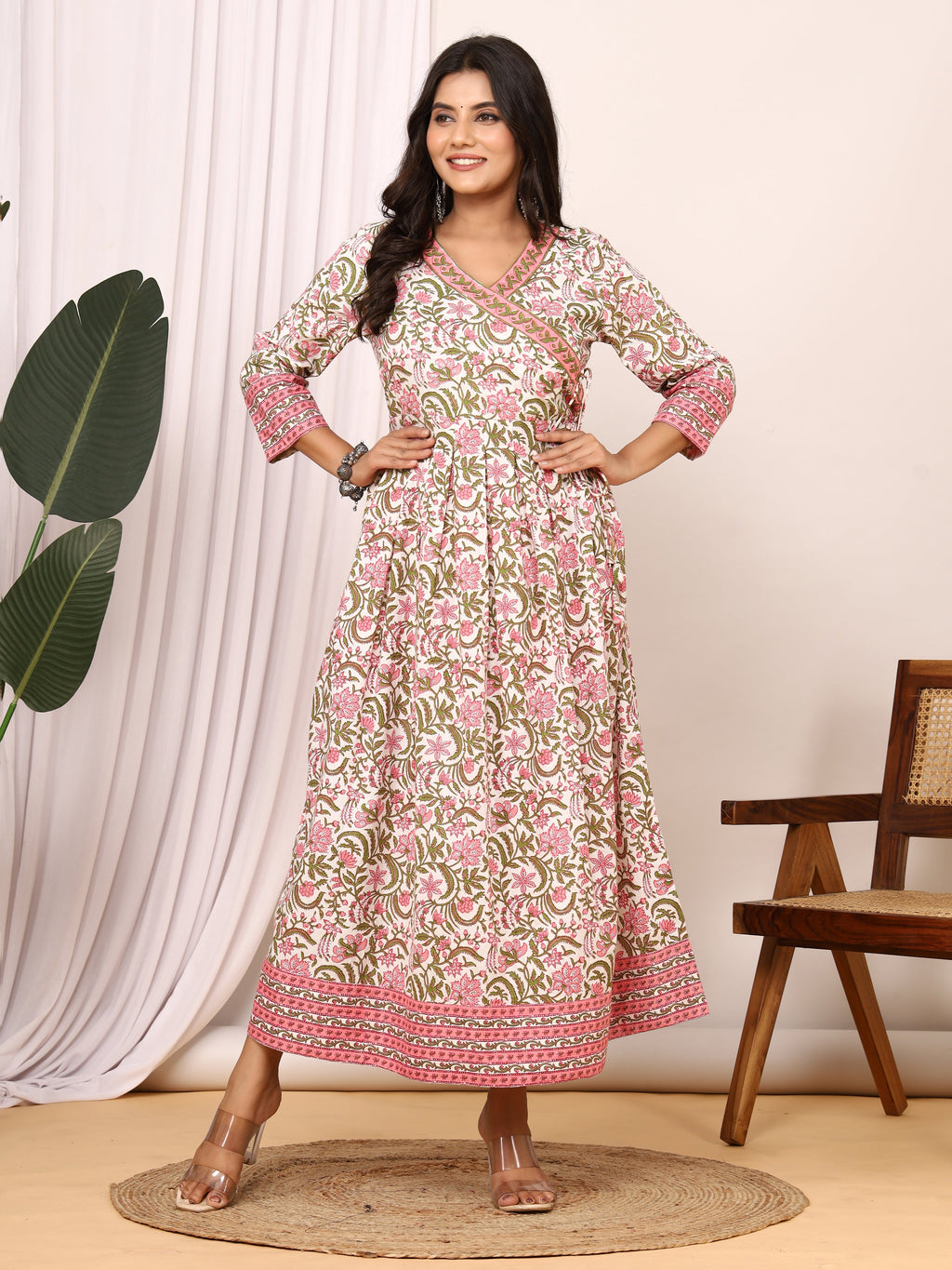 Sanganer Floral Printed Angrakha Cotton Dress with Adjustable Belt