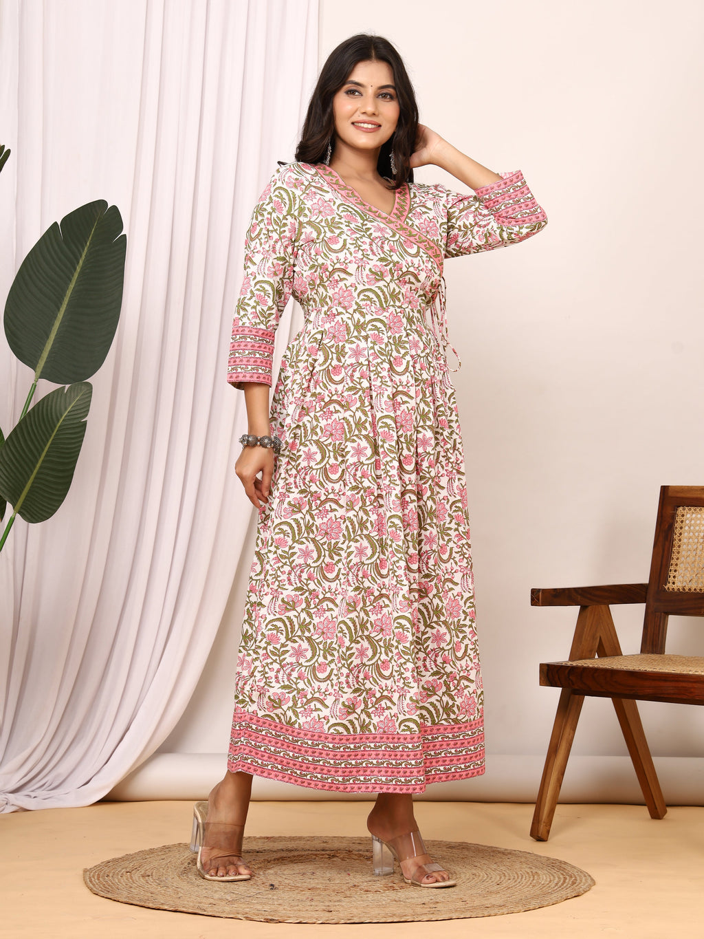 Sanganer Floral Printed Angrakha Cotton Dress with Adjustable Belt