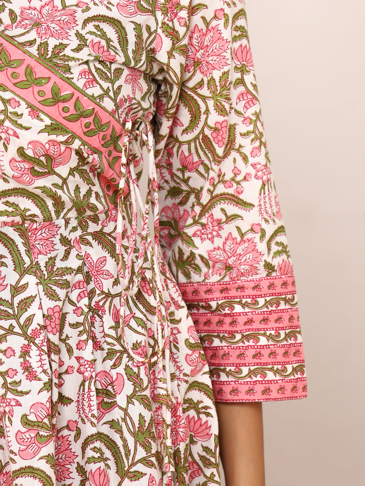 Sanganer Floral Printed Angrakha Cotton Dress with Adjustable Belt