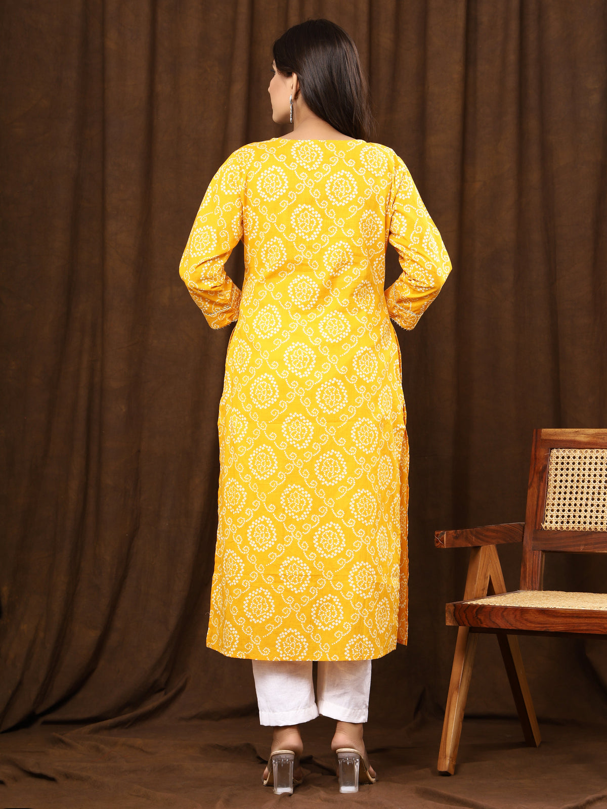 Sanganeri Bhandej Print Yellow Cotton Kurti