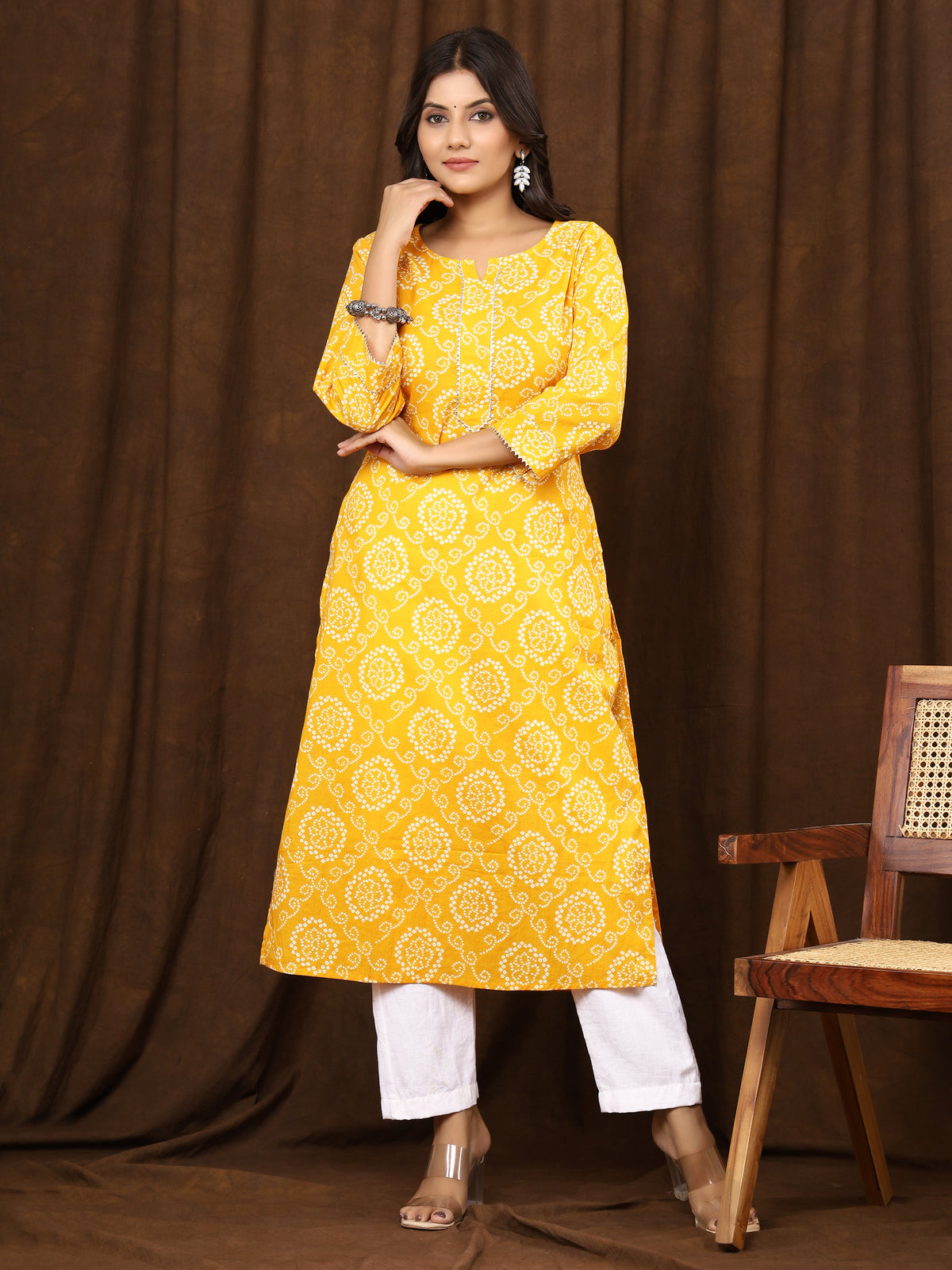 Sanganeri Bhandej Print Yellow Cotton Kurti