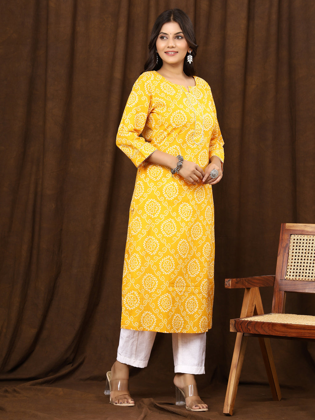 Sanganeri Bhandej Print Yellow Cotton Kurti