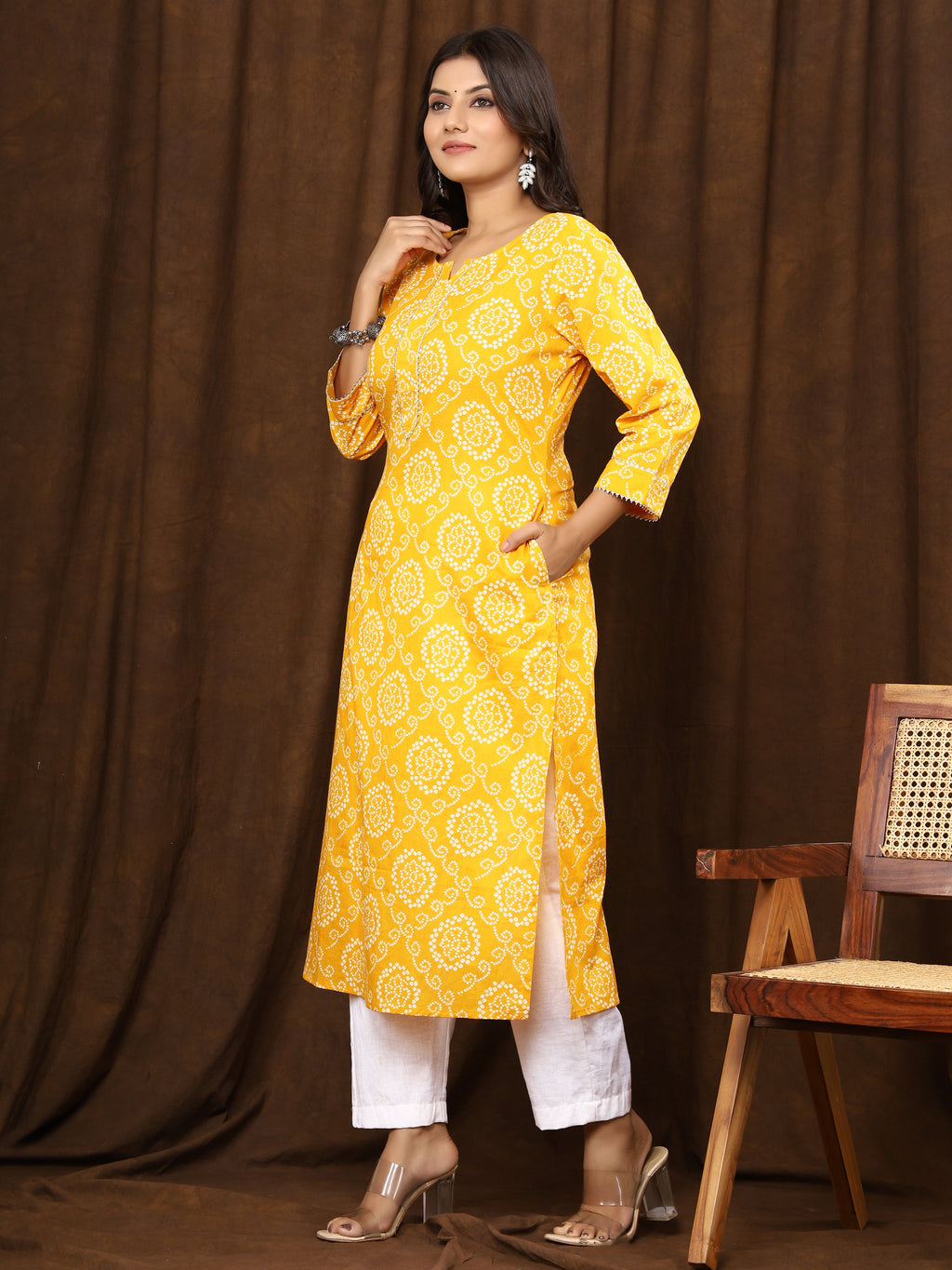 Sanganeri Bhandej Print Yellow Cotton Kurti
