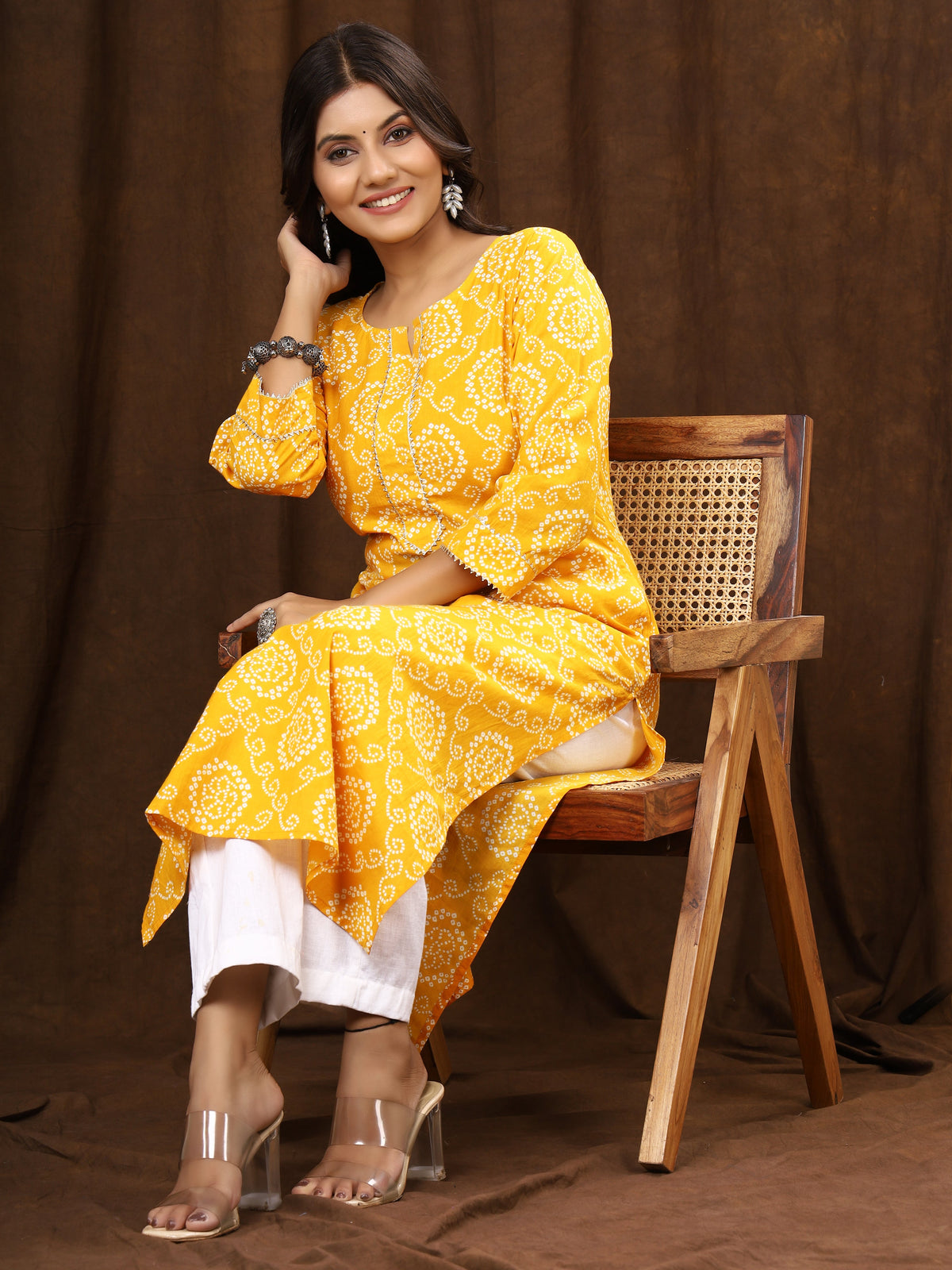 Sanganeri Bhandej Print Yellow Cotton Kurti