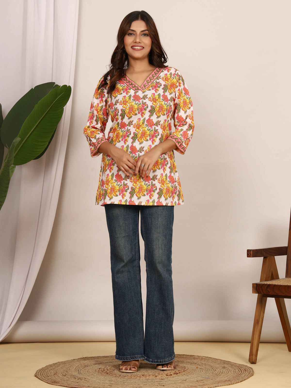 Sanganeri White & Yellow Floral Print Pure Cotton Top